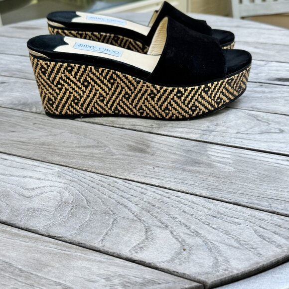 Authentic Jimmy Choo Black Raffia with Raffia Embroidered  🖤 Jimmy Choo DEEDEE 80 Black Suede & Raffia Wedge Sandals – EU 39 / US 9